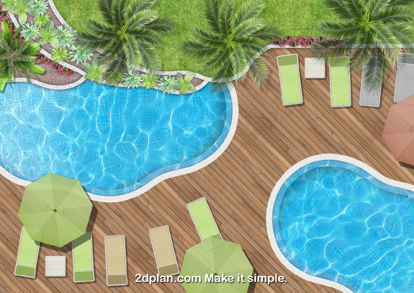 Swimming pool top view rendering, made by using landscape V2 images  library