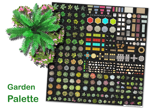 Garden palette top view images of trees, shrubs and furniture