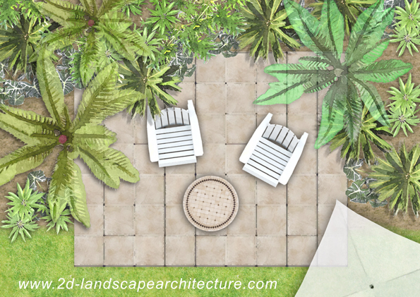 Garden patio plan illustration rendering