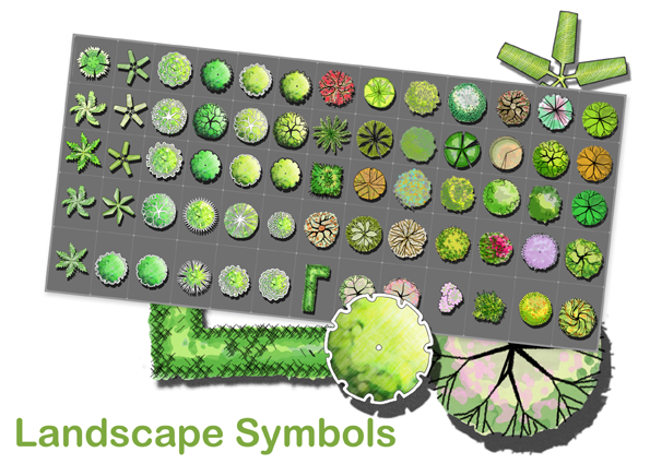 Landscape symbols illustrations for garden plans rendering